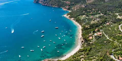 Baia incantevole con mare bello toscana, acque cristalline e barche che navigano. La costa è verdeggiante, con ville sparse tra gli alberi.
