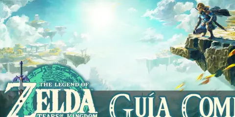 Link se agacha en un acantilado, contemplando las islas celestes de Zelda Tears of the Kingdom.