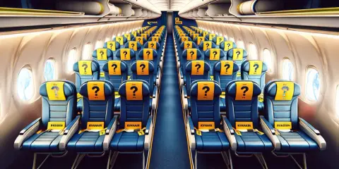 Puste miejsca w samolocie Ryanair, każde z żółtym zagłówkiem i znakiem zapytania. Czekasz na swój losowy wybór miejsca w samolocie?