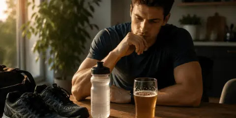 Mann mit Laufschuhen, Wasserflasche und Bierglas am Tisch. Überlegt, ob Sport nach Alkohol am Vorabend eine gute Idee ist.
