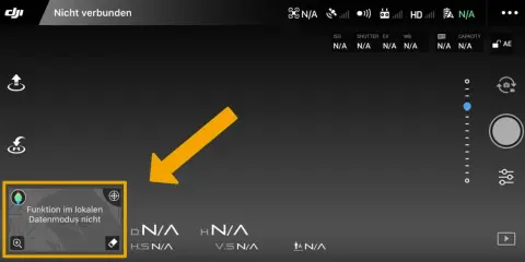 DJI GO 4 App zeigt "Nicht verbunden" und eine Karte mit "Funktion im lokalen Datenmodus nicht".