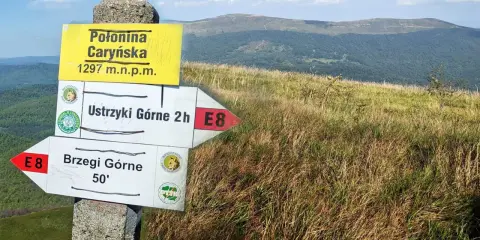 Połonina Caryńska, 1297 m n.p.m. Znaki wskazują drogę do Ustrzyk Górnych (2h) i Brzegów Górnych (50').