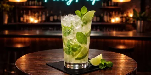 En uppfriskande mojito med vit rom, mynta och lime på ett runt träbord. Bakom skymtar en bar med neonskylten "Party Prep".