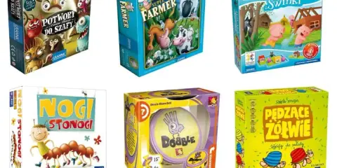 Kolekcja najlepszych gier dla dzieci: Potwory do szafy, Super Farmer, Trzy Małe Świnki, Nogi Stonogi, Dobble, Pędzące Żółwie.