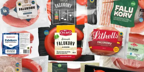 En samling av olika förpackningar med svensk falukorv, inklusive märken som Scan, Lithells och Coop. En av förpackningarna är från Jokkmokk.