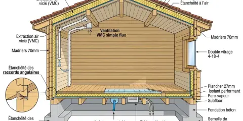 Coupe d'un plan chalet en bois montrant l'isolation, la ventilation VMC, les raccords étanches et les raccordements eau/électricité.