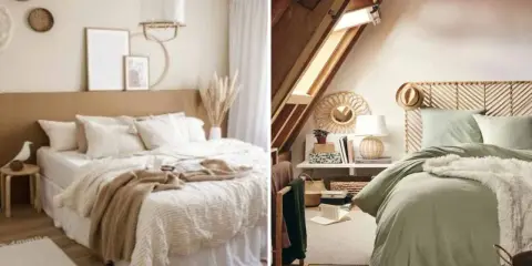 Deux chambres douillettes. L'une est une chambre beige et blanc avec un lit king-size et des décorations murales en rotin. L'autre est une chambre mansardée avec un lit vert sauge et une tête de lit en bois.