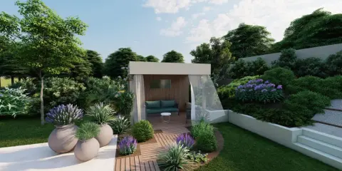 Un bel agencement jardin avec un kiosque moderne, des canapés confortables, des plantes luxuriantes et des pots décoratifs.