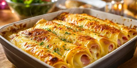 Crêpes au jambon et fromage, gratinées au four avec une sauce béchamel onctueuse. Un délice fumant !