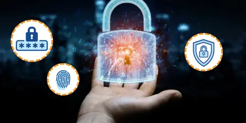 Main : Une main tient un cadenas numérique symbolisant la sécurité. Des icônes de mot de passe, d'empreinte digitale et de bouclier illustrent l'authentification MFA.