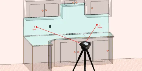 Medición de la altura del salpicadero de la cocina con un escáner 3D. Puntos de referencia "Left" y "Right" marcados.