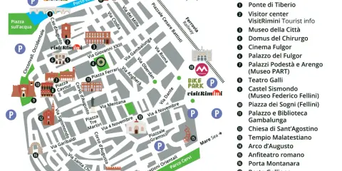 Mappa del centro storico di Rimini: scopri cosa vedere, dai monumenti storici ai parchi, con indicazioni per il turismo.