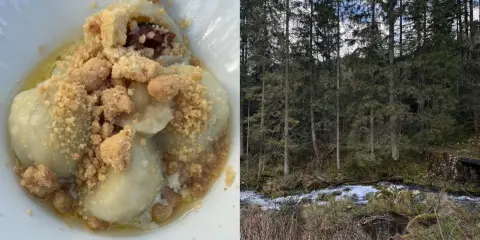Pyszne pierogi z owocami i kruszonką, serwowane w bacówce Biały Potok, obok szumiącego górskiego potoku.