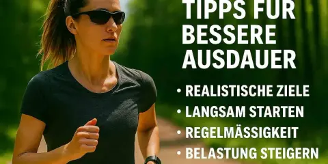 Frau läuft im Freien, um ihre Ausdauer zu trainieren. Tipps für bessere Ausdauer: realistische Ziele, langsam starten, Regelmäßigkeit, Belastung steigern.