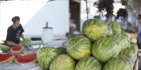 Stoisko z arbuzami na targu. Widać stos zielonych arbuzów i kilka pokrojonych na talerzu z lodem. Sprzedawca pokazuje, jak pokroić arbuza.