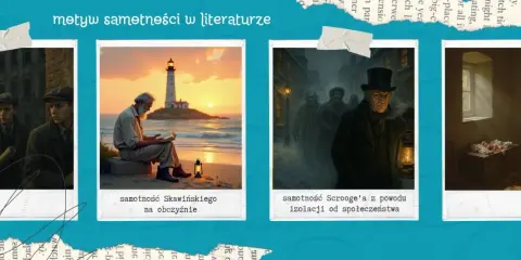Cztery obrazy: trzej młodzi mężczyźni, starszy mężczyzna czytający książkę przy latarni, postacie w mglistym mieście, pokój z łóżeczkiem i książką.