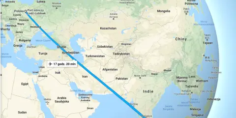 Trasa lotu z Polski do Sri Lanki, pokazująca ciekawe miejsca do zobaczenia po drodze.