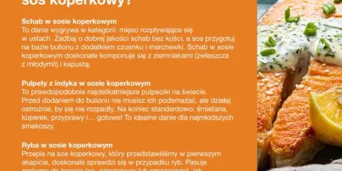 Apetyczny kawałek ryby polany kremowym sosem koperkowym, ozdobiony zieloną cebulką i cytryną.