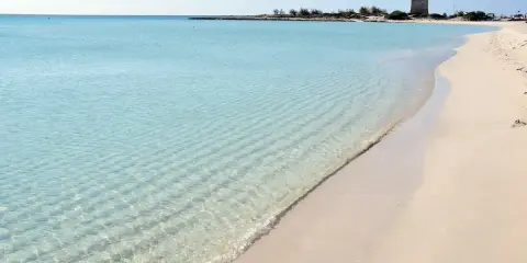 Turquoise water laps a sandy beach with a distant tower.