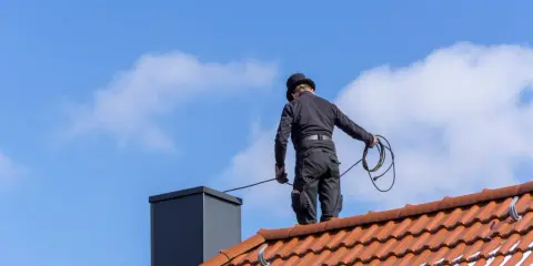 Kominiarz w czapce na dachu wykonuje przegląd kominiarski przy piecu gazowym, trzymając w ręku linę.