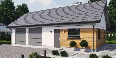 Nowoczesny budynek gospodarczy projekt: garaż na dwa samochody, drewniana elewacja, szary dach, zadbany ogród.