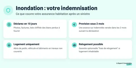 Indemnisation après inondation : déclaration sous 10 jours, provision sous 2 mois, et prise en charge du logement. Le délai travaux après sinistre est géré.