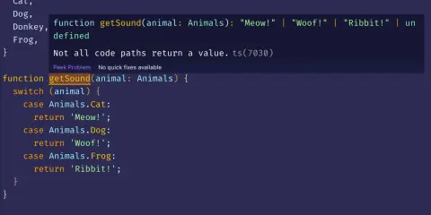 Kod TypeScript z instrukcją `switch case` dla enum `Animals`. Funkcja `getSound` zwraca dźwięk zwierzęcia.