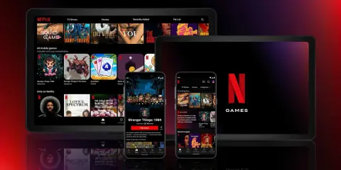 Gry na Netflixie na tabletach i telefonach. Zobaczysz tu ikony gier, w tym Stranger Things, oraz interfejs aplikacji.