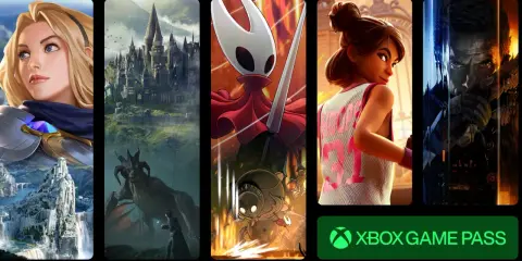 Pięć paneli z grafikami z gier: postać z League of Legends, Hogwart, Hollow Knight, postać z gry sportowej i mężczyzna z gry akcji.