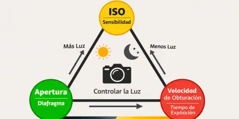 Diagrama del triángulo de exposición: ISO, apertura y velocidad de obturación. Controlar la luz para una exposición perfecta.