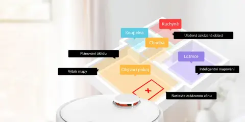 Robot sprzątający Xiaomi Vacuum Mop Pro na tle mapy mieszkania z zaznaczonymi strefami.