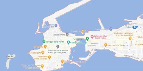 Mappa di Gallipoli Vecchia: vedi il Castello, la Spiaggia della Purità, la Fontana Greca e ristoranti tipici.