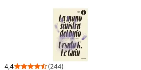 Copertina del libro "La mano sinistra del buio" di Ursula K. Le Guin, con un design astratto e stelle viola.