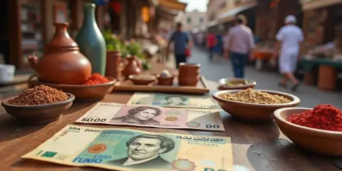 Na stole leżą banknoty, które są walutą Tunezji, obok miseczek z przyprawami i ziarnami.