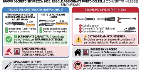 Schema del nuovo decreto sicurezza 2026: coltelli pieghevoli con blocco lama o apertura a una mano, coltelli da cucina, balisong, bastoni da passeggio con lama nascosta.