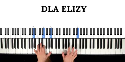 Nauka gry na keyboardzie: "Dla Elizy" z podświetlonymi klawiszami A i E. Dłonie ćwiczą akordy.