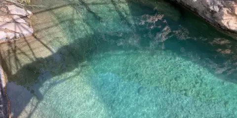Cristalinos charcos de quesa, con rocas y vegetación en los bordes, reflejando la luz del sol.