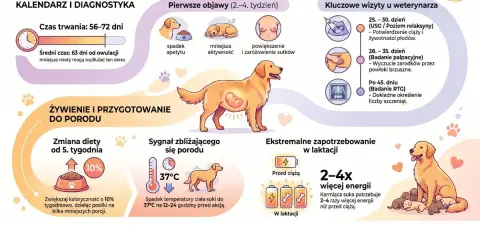 Ilustracja pokazuje, ile pies jest w ciąży, od pierwszych objawów po poród i laktację.