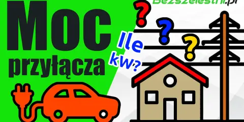 Jak sprawdzić moc przyłączeniową? Grafika przedstawia dom, samochód elektryczny i słup energetyczny, z pytaniami "Ile kw?".