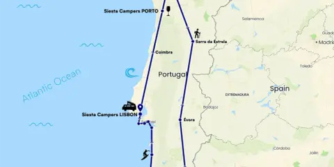Reiseroute durch Portugal, die Lissabon, Porto, Faro und die Serra da Estrela umfasst. Diese Lissabon Highlights Tour zeigt die Vielfalt des Landes.
