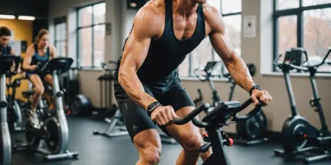 Intensywny trening cardio na rowerze stacjonarnym w siłowni. Mężczyzna z wyrzeźbionymi mięśniami pedałuje z determinacją.