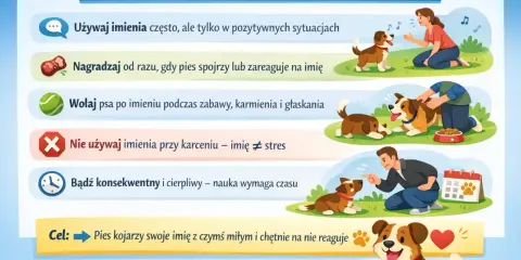 Jak przyzwyczaić psa do imienia? Używaj go w pozytywnych sytuacjach, nagradzaj reakcję, wołaj podczas zabawy. Nie używaj imienia przy karceniu. Bądź cierpliwy. Pies skojarzy imię z czymś miłym.