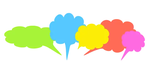 Kolorowe dymki dialogowe, idealne do ćwiczeń z word formation B2, tworzą barwną chmurę myśli.