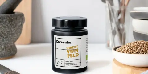 Ein Glas Koriandersamen steht bereit, um Gerichten Aroma zu verleihen. Perfekt zum Koriander samen essen!
