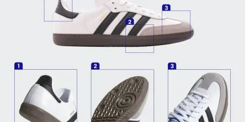 Białe buty Adidas Samba z czarnymi paskami i szarym zamszowym noskiem. Widoczna oryginalna metka Adidas na języku.