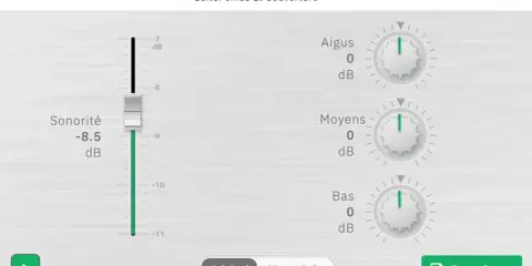 Égaliseur audio avec curseur de sonorité à -8.5 dB et réglages Aigus, Moyens, Bas à 0 dB. Option "Masterisée" activée, suggérant un traitement de dithering audio.