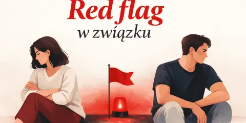 Para siedzi odwrócona od siebie, z czerwoną flagą i syreną między nimi. To symbol tego, co to znaczy red flag w związku.