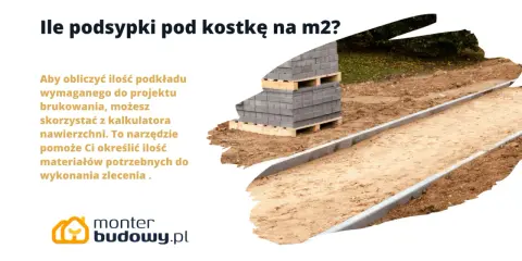 Słuchy beton pod kostkę proporcje: stosy kostki brukowej na paletach, przygotowany podkład piaskowy i obrzeża.
