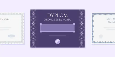 Eleganckie dyplomy do druku z ozdobnymi ramkami i miejscem na wpisanie danych.