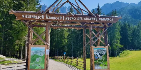 Ingresso in legno per il regno del gigante Baranci, con cartelli informativi e sentiero che si addentra nel bosco.